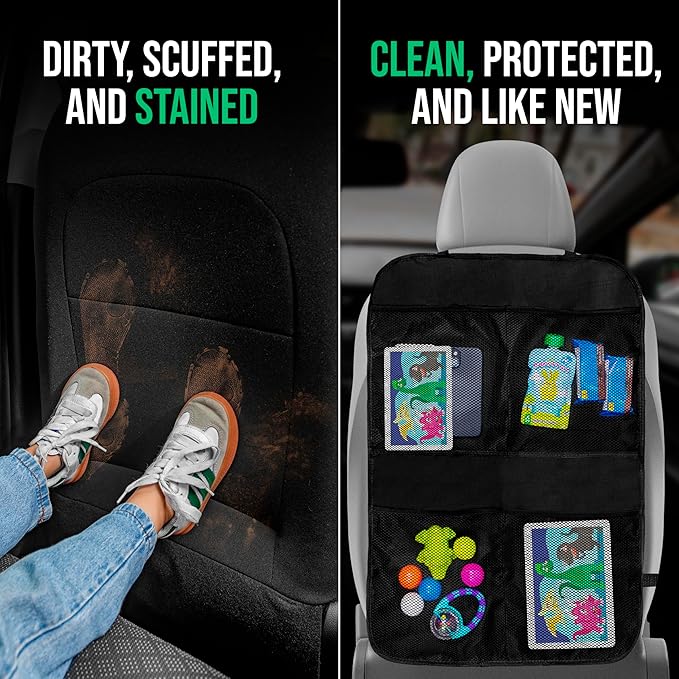 2 Pack Kick Mats Back Seat Protector - Backseat Car Organizer for Kids, Car Storage Organizer, Back Seat Cars Organizers, Cars Organizers Backs Seats, Travel Accessories, 4 Pockets