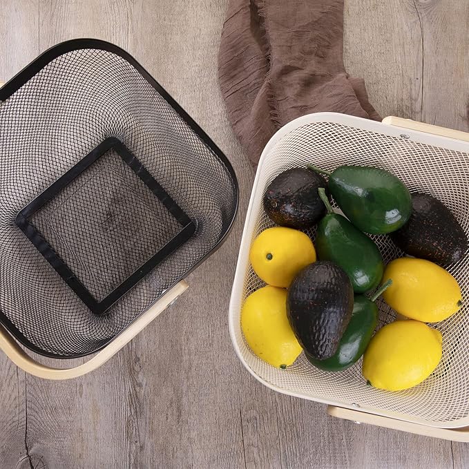 IBWell Square Metal Wire Woven Fruit Storage Bowl Basket with Wooden Handle, Large Black Mesh Fruit Stand, Multi-function Hanging Kitchen Baskets (White, Nomal 2PCS)