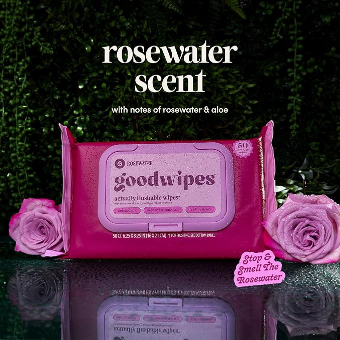goodwipes Flushable Wipes for Adults - Rosewater Butt Wipes for Women & Men, Septic Safe, Toilet & Bathroom Essentials, Extra Large, 318 Count (6 Packs and 1 Travel Pack)