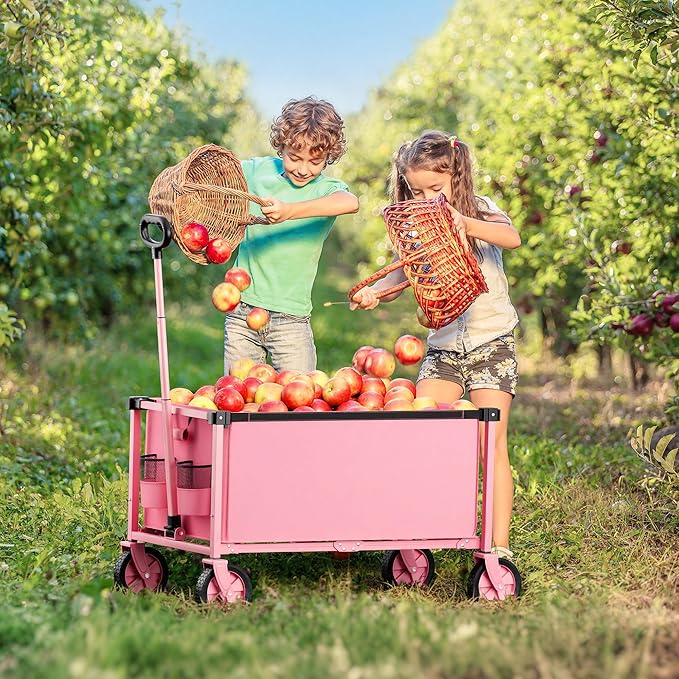 Collapsible Wagon Cart with Wheels, 150L Lightweight Foldable Utility Cart, Portable Rolling Wagon for Garden, Shopping, Sports, Camping, Transport, Pink