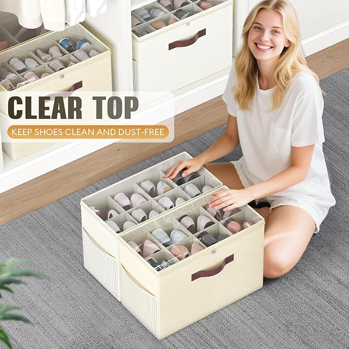 Budding Joy 2 Pack Shoe Organizer for Closet, Clear Foldable Shoe Storage Containers Adjustable Dividers Fits 16 Pairs, Shoe Storage Bins Baskets Boxes with Reinforced Handles Beige Yellow Beige