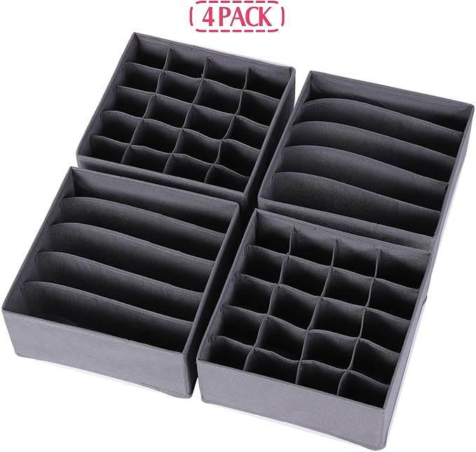DIOMMELL 4 Pack Foldable Cloth Storage Box Closet Dresser Drawer Organizer Fabric Baskets Bins Containers Divider for Clothes Underwear Bras Socks Lingerie Clothing, Dark Grey 22-0000