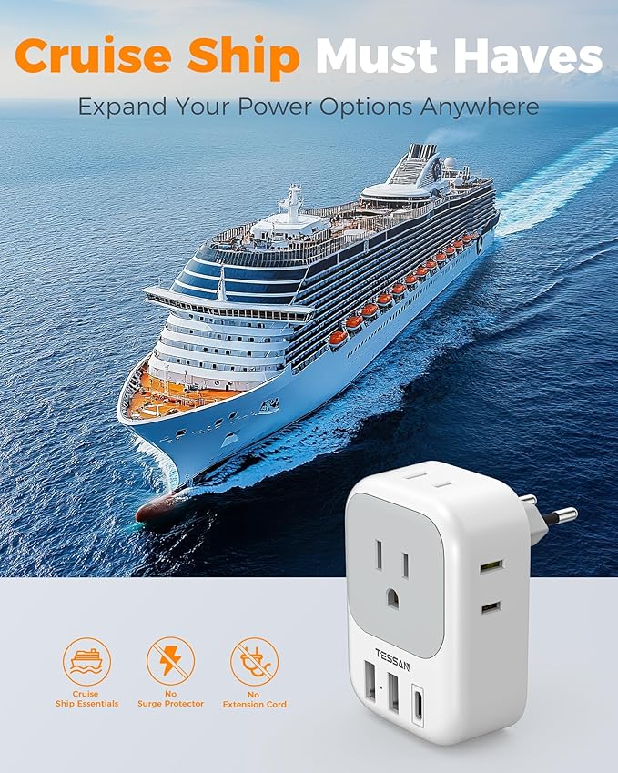 2 Pack European Plug Adapter USB C, TESSAN US to Europe Adapter 4 Outlets 3 USB Charger, Type C International Power Adapter to Italy Spain France Portugal Iceland Germany, Europe Travel Essentials