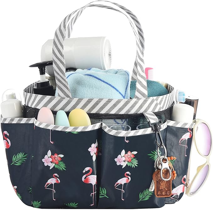 Haundry Portable Shower Caddy Bag with Long Handle, Fabric Caddy Tote Organizer with 8 Pockets for College Dorm Room Essentials, Hanging Bathroom Basket for Student Boy Girl Gym Travel Camp