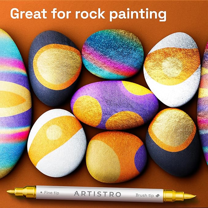 ARTISTRO 5 Gold Acrylic Paint Markers - Paint Pens for Drawing, Brush + Fine Tips - For Fabric, Rock, Glass, Wood, DIY - Art & Craft Supplies for Adults, Teens, Kids - Teacher Appreciation Gift