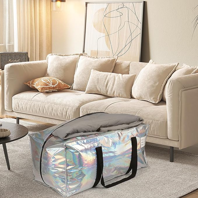 4 Pack Heavy Duty Moving Bags Extra Large Waterproof Foldable Clothing Storage Totes Bags with Zipper,Reinforced Handles,Packing Moving Boxes for Dorm & Seasonal Storage,Iridescent