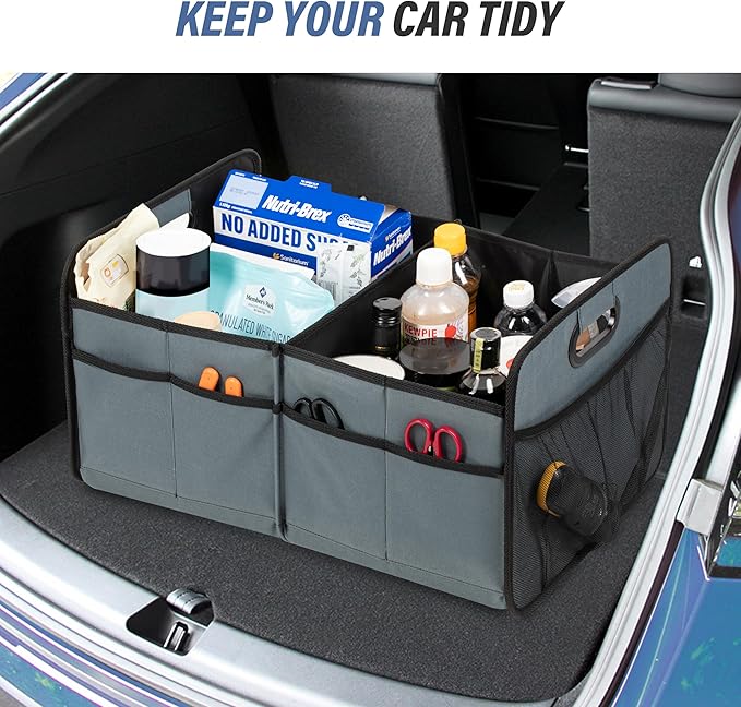 Simple Deluxe Car Trunk Organizer, 2 Compartments Collapsible Trunk Storage, Anti-slip Design, Made of Waterproof 600D Oxford Polyester, Suitable for SUV, Truck, Standard Size, Grey-Green