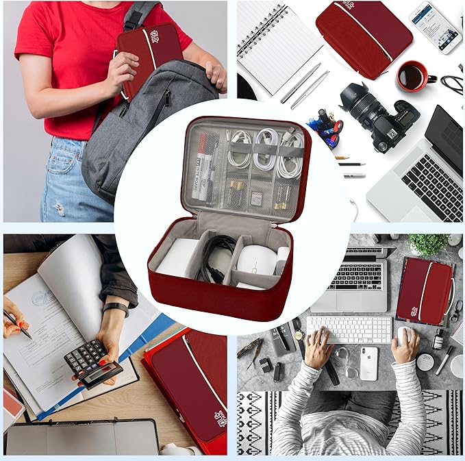 Electronics Organizer, Travel Cord Organizer Pouch, Portable Cable Organizer Bags, Waterproof Electronic Accessories Storage Case for Cables, Cords, Charger, Phone (Double Layer-Winered)