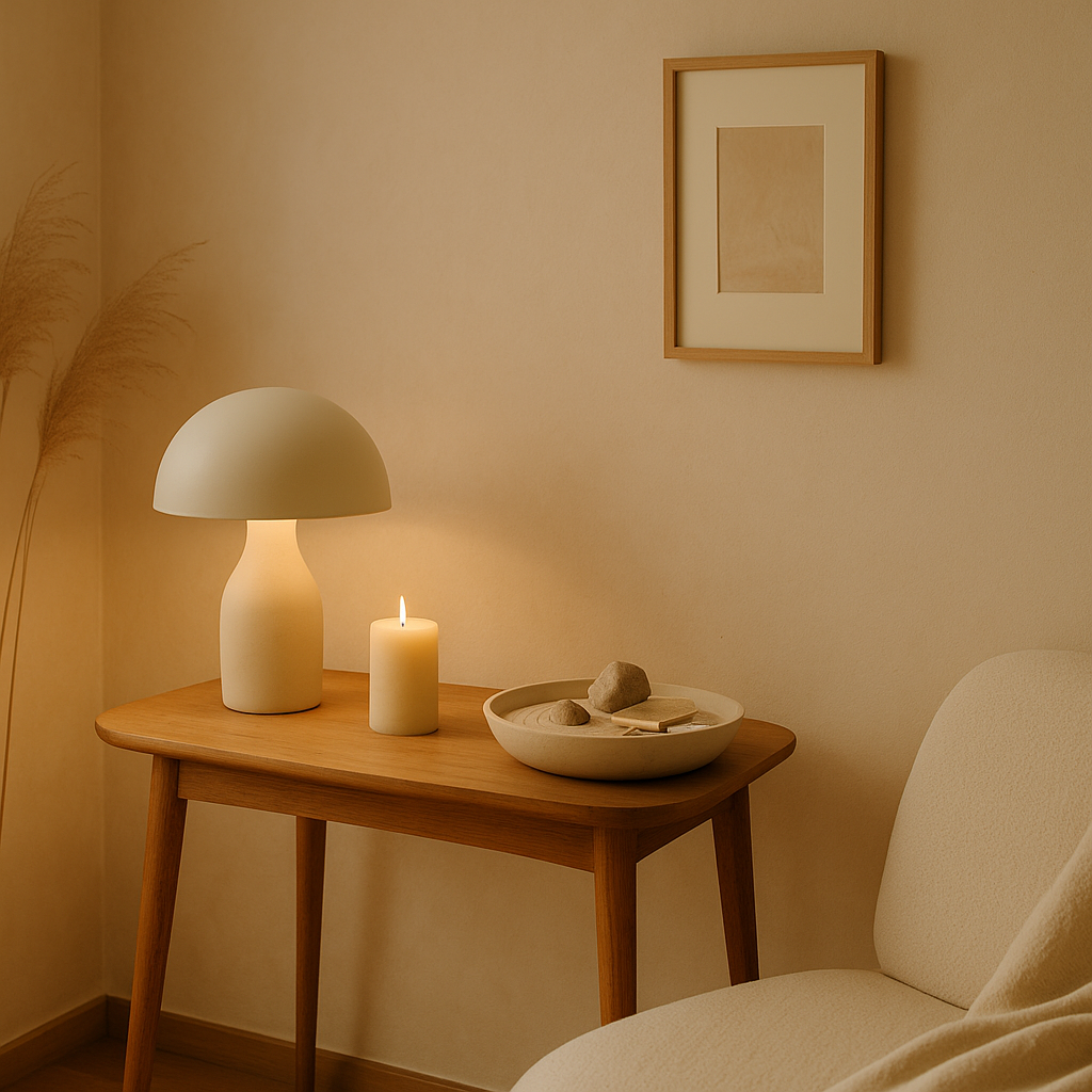 Minimalist living room with soft natural lighting, indoor plants, wooden tray with aroma diffuser and candle, calming neutral tones — Serenlix mindful home décor.