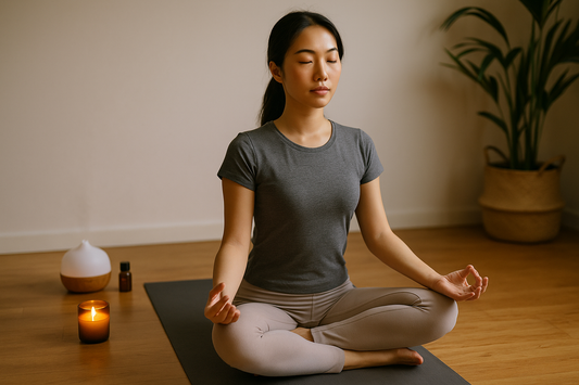 Young woman meditating peacefully on a yoga mat with a candle and diffuser in a calm home wellness space.