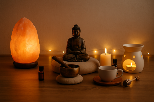 “A serene meditation setup featuring a Buddha statue, Himalayan salt lamp, candle warmer, essential oil bottles, singing bowl, and a warm tea cup arranged on a wooden surface with soft ambient lighting.”