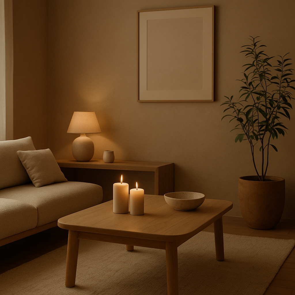 Minimalist living space with natural morning light, indoor plants, wooden tray with aroma diffuser and candle, calm neutral colors — Serenlix mindful home design.