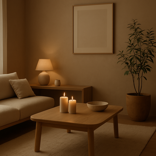 Minimalist living space with natural morning light, indoor plants, wooden tray with aroma diffuser and candle, calm neutral colors — Serenlix mindful home design.