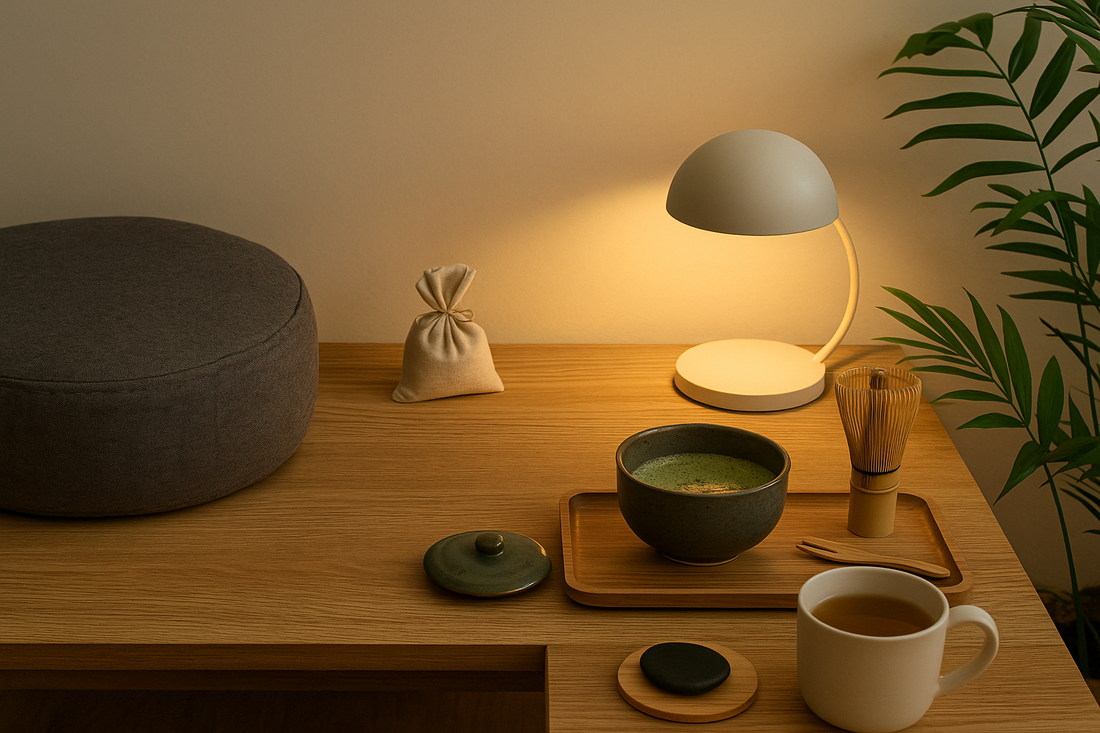 “Calm mindfulness corner with a meditation cushion, warm lamp, matcha set, aroma sachet, and tea on a wooden table.”