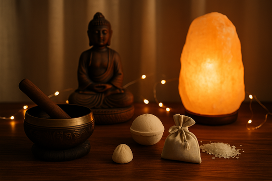 “A peaceful mindfulness setup featuring a Himalayan salt lamp, a Buddha statue, a singing bowl, bath bombs, aromatic sachets, and soft fairy lights arranged on a wooden surface in warm ambient lighting.”