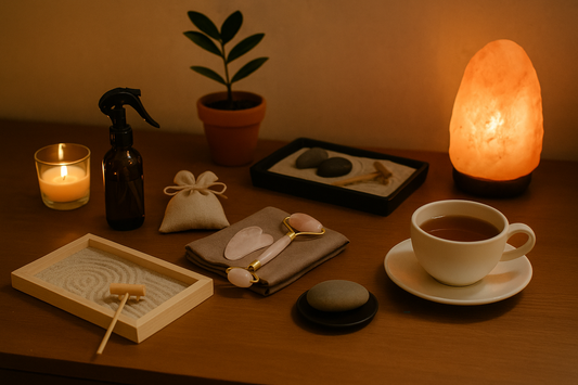 “Mindfulness setup with a candle, salt lamp, zen garden, facial tools, and tea on a wooden surface.”