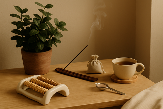 “Cozy relaxation setup with a potted plant, incense, foot massager, tea cup, and tea strainer on a wooden table.”
