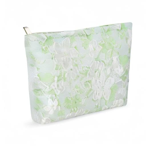 ZLFSRQ Flower Makeup Bag for Women Girls Teens Travel Cute Floral Cosmetic Bags Large Zipper Cosmetic Pouch for Purse Portable Toiletry Bag Aesthetic Embossed Green Makeup Brushes Storage Organizer