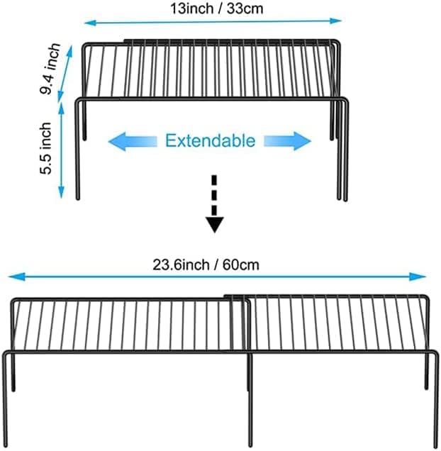 Kitchen Cabinet Expandable Shelf Organizers Set of 4, Adjustable Metal Wire Pantry Storage Shelves, Plate Dish Organizer Rack for Cabinets, Cupboard, Counter, Freezer, Countertop, Black