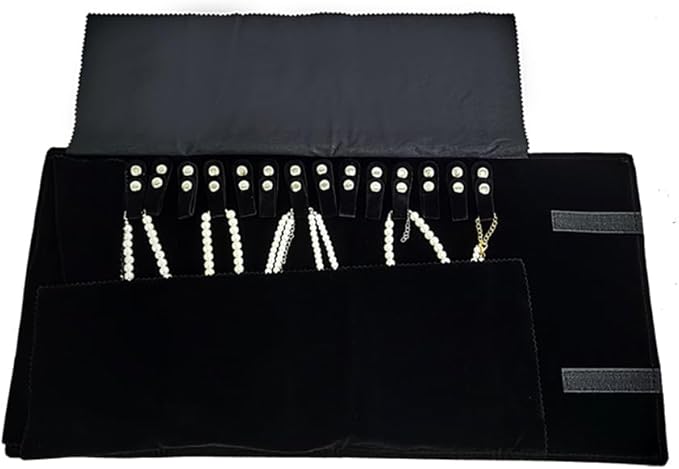 Velet Travel Jewelry Case Roll Bag Organizer for Necklace Bracelet Black Gray Velvet (Black Velvet)