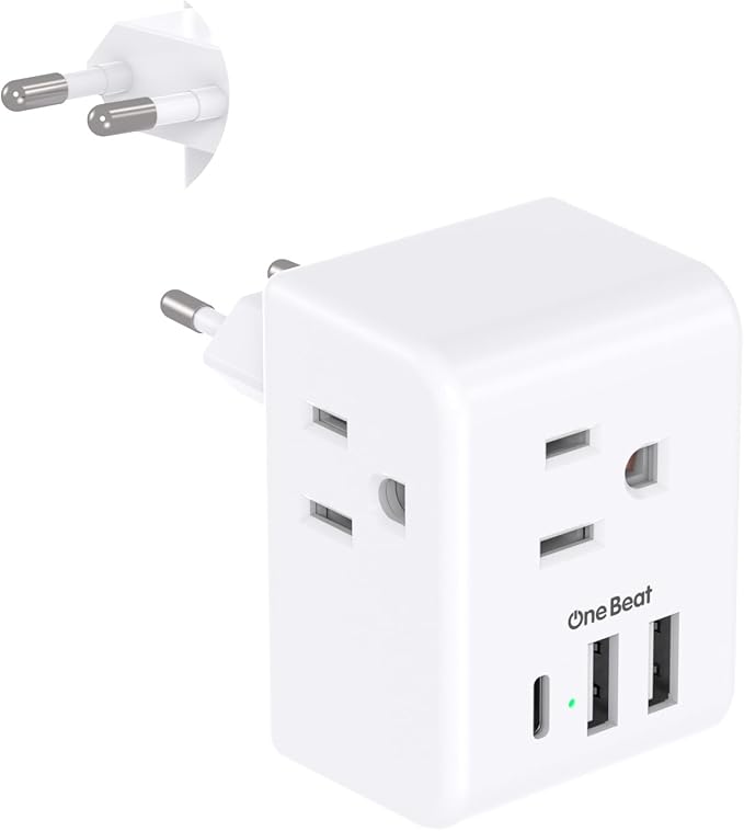 1 Pack European Travel Plug Adapter, Italy Spain Power Plug Adapter with 3 Outlets 3 USB Charging Ports (1 USB C), Type C Plug Adapter Travel Essentials to Most Europe EU Spain Italy France Germany