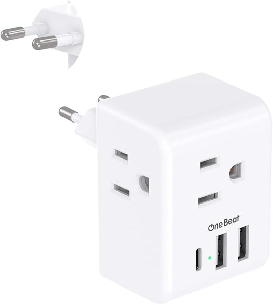 1 Pack European Travel Plug Adapter, Italy Spain Power Plug Adapter with 3 Outlets 3 USB Charging Ports (1 USB C), Type C Plug Adapter Travel Essentials to Most Europe EU Spain Italy France Germany