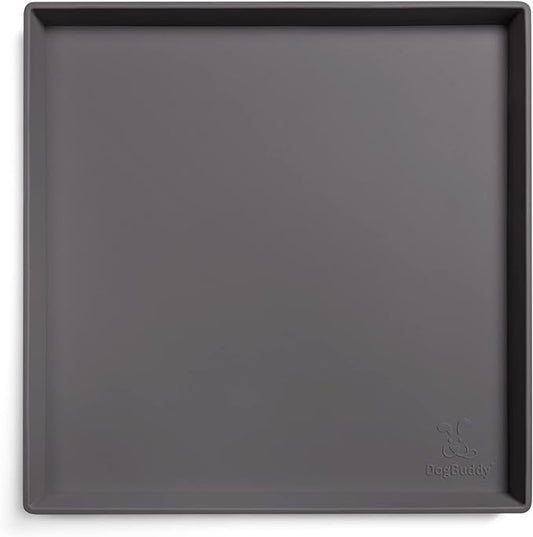 DogBuddy Dog Food Mat – Waterproof Dog Bowl Mat for Food and Water, Silicone Pet Feeding Mats For Floors, Non-Slip Placemat with High Edges For Dogs Bowls, Puppy Essentials (XS: 11" x 11", Shadow