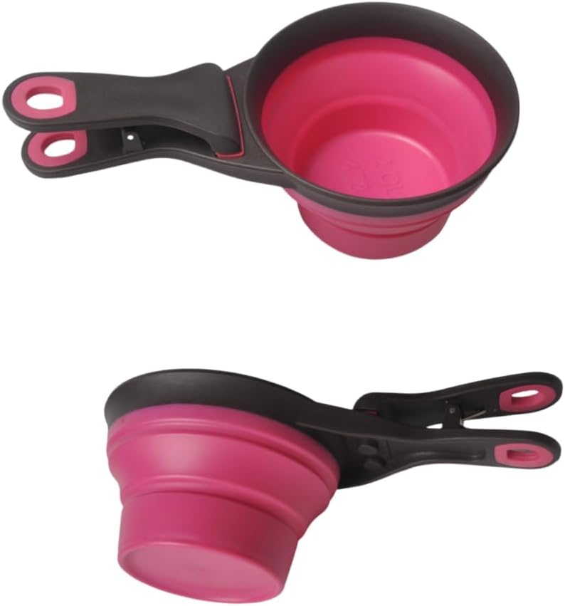 2 PCS Collapsible Pet Scoop Set,1 Cup & 1/2 Cup Capacity Silicone Measuring Cups with Sealing Clip,Multi-Function Scoop Bowls Bag Clip for Dog Cat Food Water.(Green,Pink)