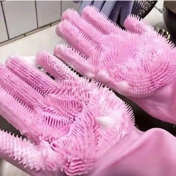 Pet Grooming Gloves, Silicone Massage and Bathing Gloves, Pink, Blue, Green, Violet, Gray (Pink)