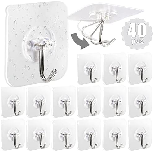 AROIC Adhesive Hooks for Hanging, 40 Packs Hook Heavy Duty Self Adhesive Wall Hooks 20 lbs / 9 kg (Max), Removable, Waterproof Hook for Bedroom Kitchen Bathroom