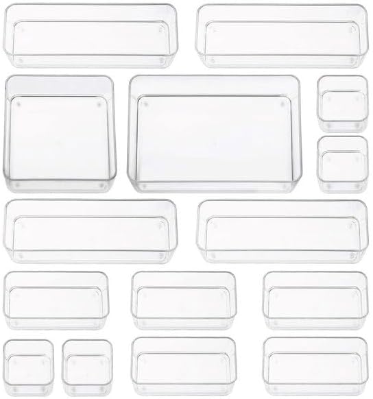 primebox Fifteen Pieces. Plastic Clear Drawer Organizers. Bathroom, Kitchen, Bedroom, Utensils, Office Organizer Bins, Storage Trays. Heavy Duty, Stackable 5 Sizes.