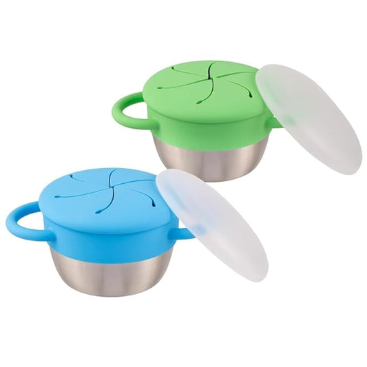 Elk and Friends Stainless Steel Snack Cups | Removable Silicone Food Catcher and Travel Lid | Spill-Proof Snack Containers for Baby, Toddler, Kids | Dishwasher Safe | 2 Pack