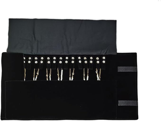Velet Travel Jewelry Case Roll Bag Organizer for Necklace Bracelet Black Gray Velvet (Black with elastic)
