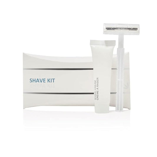 World Amenities LUXURY NECESSITIES - Bulk Shave Kit Shave Kit | 50 Count| Includes Twin Blade Razor and Moisturizing Shave Cream | Individually Boxed Hotel Amenities| Mini Travel Size Toiletries