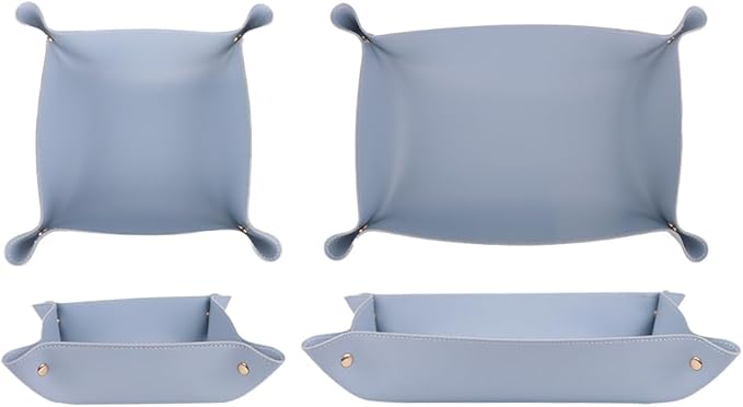 2PC Leather Valet Tray Organizer, Desk Organizer Tray Or Candy Holder, Practical Storage Tool for Travel, Home Or Office (Blue, Large+Extra Large)