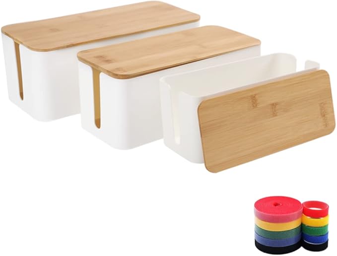 Cable Management Box Organizer, Set of 3 Bamboo Lid Storage Wires Holders to Cover and Hide Surge Protectors, Power Strips & Cords - with 5 Cable Fastening Tapes for Home, Office, Desk, PC, TV, USB Hub