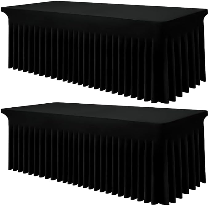Smiry Spandex Tablecloth 2 Pack, Elastic Fitted Stretch Tablecloth for 8FT Rectangle Tables, Waterproof Washable Table Cover Skirt for Outdoor, Wedding, Banquet & Parties (Black, 96Lx36Wx30H Inch)