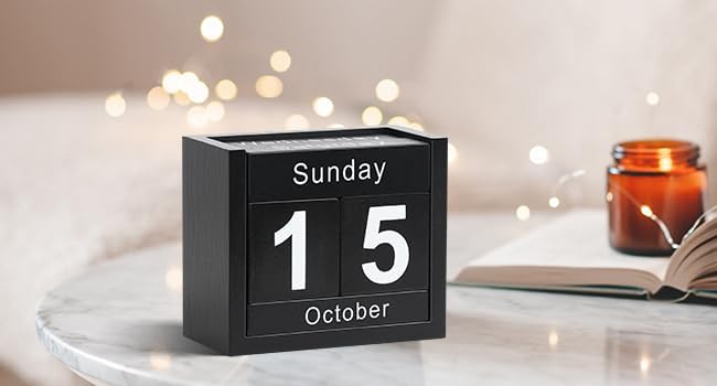 Wooden Block Calendar for Desk, Daily Desktop Perpetual Desk Calendar, Cute Date Display Blocks Desk Accessory for Home Office Decor, Teacher, Classroom, Reusable Yearly, Black