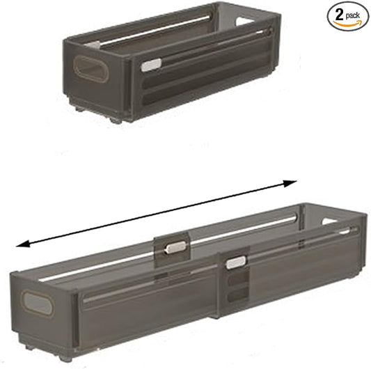 Foldable Storage Bins, 2 Pack Plastic Expandable Boxes for Organizing, Adjustable from 11-18.8" Drawer Organizers Separators Dividers for Bedroom Kitchen Utensils Tools Closet, Small Grey