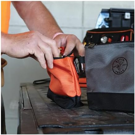 Klein Tools 55470 Utility Bag, Stand-Up Zipper Tool Bags, Tough 1680d Ballistic Weave, Reinforced Bottoms, Orange/Black, Gray/Black, 4-Pack