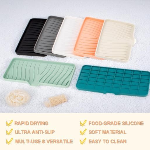 Silicone Soap Dish with Drainer | Quick-Dry Holder for Sponge, Dispenser, Scrubber, Bottle and Cup | for Kitchen, Shower and Bathroom (Light Green, Large, 1 Pack)