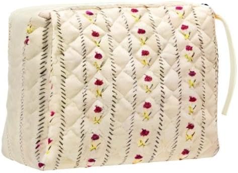 PAZIMIIK Quilted Makeup Bag Large Travel Zipper Soft Cosmetic Pouch for Women Girls Make Up, Little Flower Beige