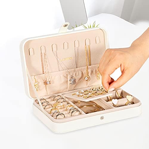 LANDICI Small Jewelry Box for Women Girls, PU Leather Travel Jewelry Case, Portable Jewelry Organizer Storage Holder Display for Ring Earrings Necklace Bracelet Bangle Men Kids Gift, White