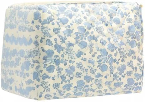 PAZIMIIK Quilted Makeup Bag Large Travel Zipper Soft Cosmetic Pouch for Women Girls Make Up, Little Flower Blue