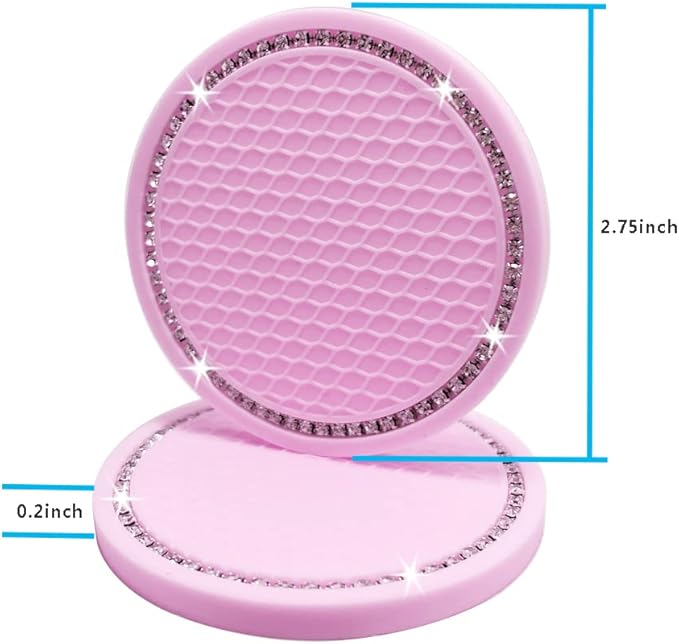 Car Coasters for Cup Holders, 2.75 Inch Auto Cup Holder Insert Coasters Silicone Anti-Slip Crystal Rhinestone Cute Drink Car Cup Mat, 4PCS Bling Car Accessories for Women & Lady (Pink)
