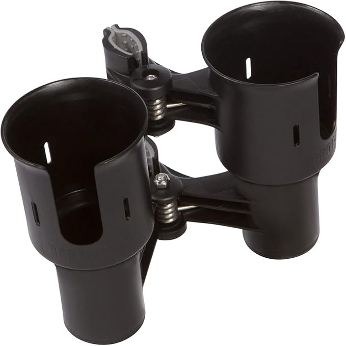 ROBOCUP, (Black), Patented Clamp On Boat Cup Holder |Multifunction Dual Drink Caddy for Fishing Poles, Tools, Net, Gaff |Portable Storage for Boating, Beach, Umbrellas, Golf Carts, Strollers