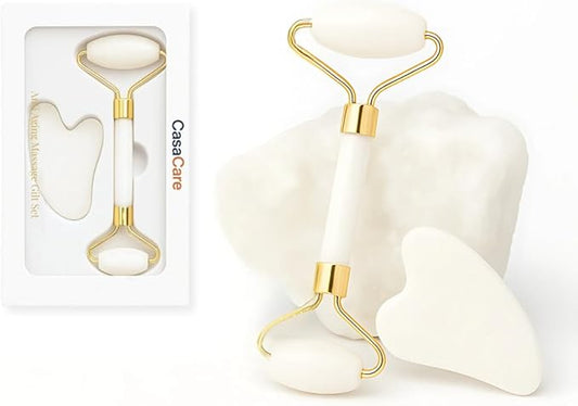 Gua Sha Facial Tool and Jade Roller Set –Anti-Aging Tools for Lymphatic Drainage, Puffiness, Wrinkles, and Relaxation – Skincare Tool for Face and Neck (White)