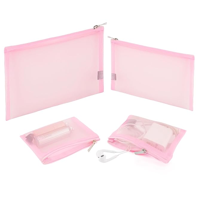 EASYFUN Mesh Pouch, Makeup Bag with Zipper Cosmetic Organizer Pouch for Daily or Travel to Keep Small Items, 4 PCS Pink