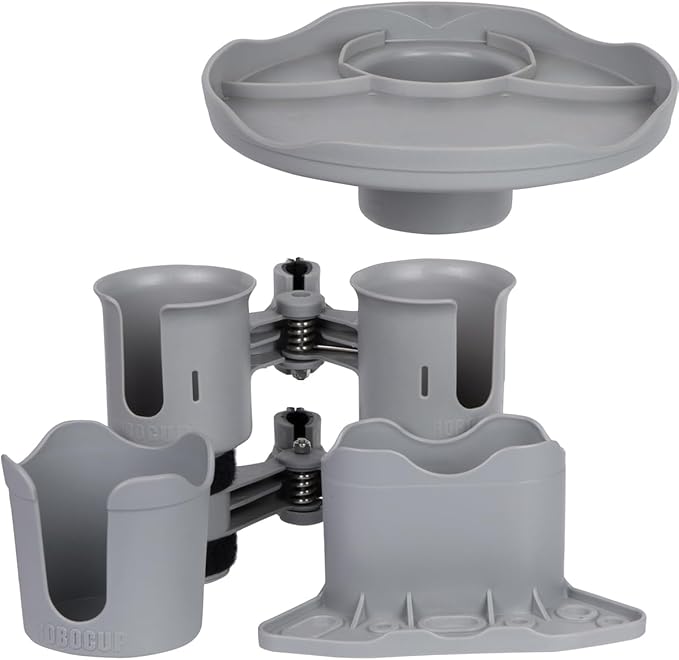 ROBOCUP, (Gray), Patented Clamp On Boat Cup Holder |Multifunction Dual Drink Caddy for Fishing Poles, Tools, Net, Gaff |Portable Storage for Boating, Beach, Umbrellas, Golf Carts, Strollers