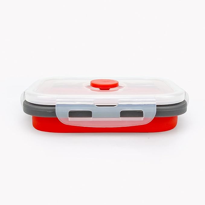 CCyanzi 3-Piece Collapsible Food Storage Containers with Lids, Silicone Lunch Container, Microwave & Freezer Safe, Space Saving for Kitchen Cabinet and Camping Backpack (Red Gray)